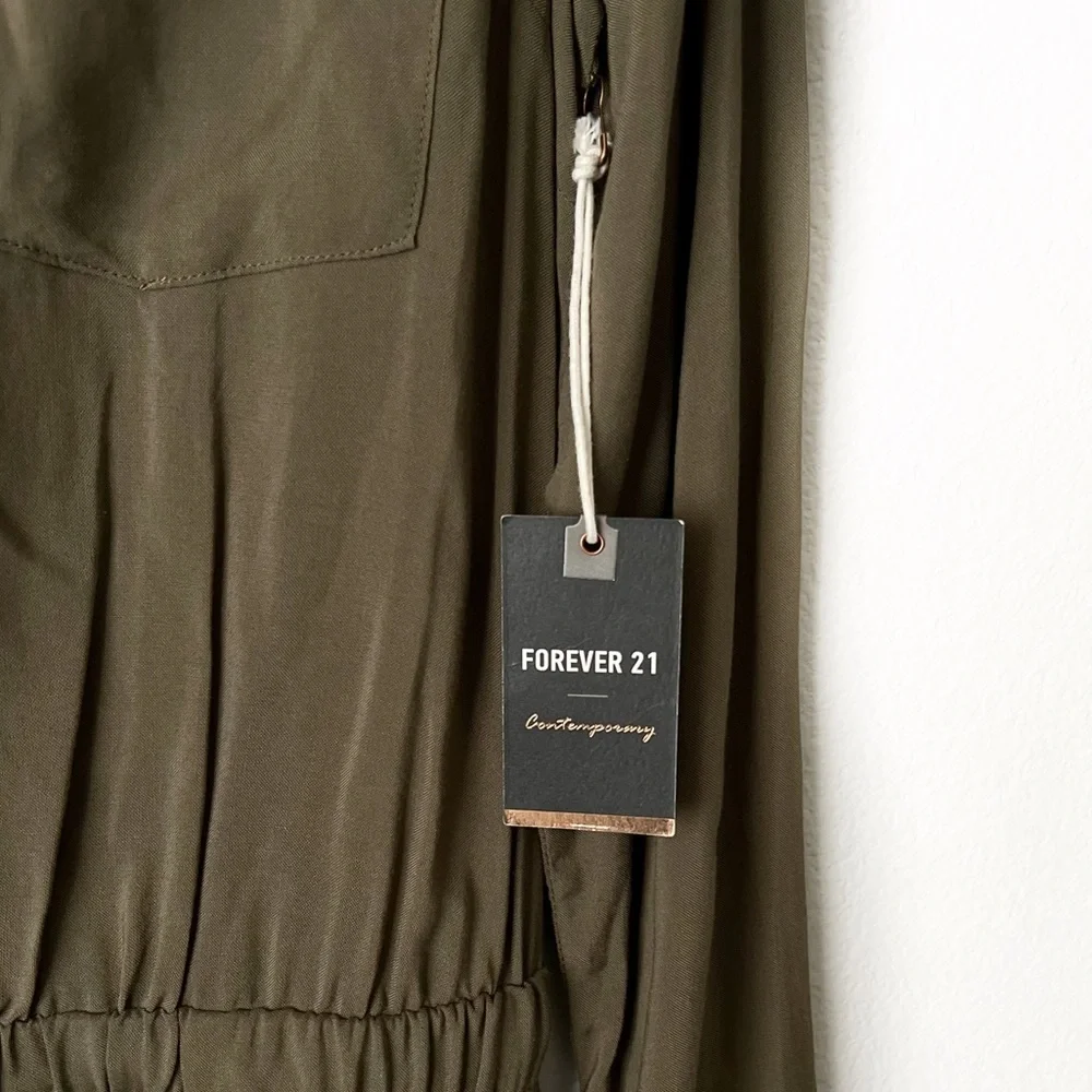 ROMPER JUMPSUIT OLIVE GREEN Forever 21 Button Long sleeve Elastic Waist Tie Siz… - Picture 5 of 15